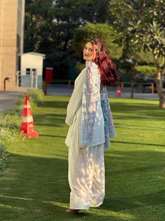 Off-White Lace Work Farshi Suit with Cotton Dupatta
