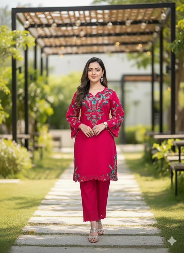 Premium Red Pakistani Cord Set |  Magenta | Vetican Silk