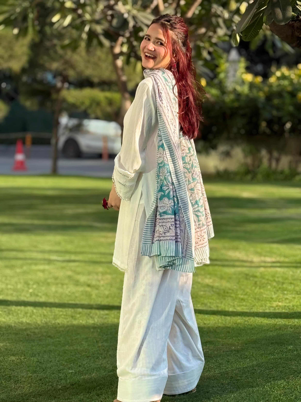 Off-White Lace Work Farshi Suit with Cotton Dupatta