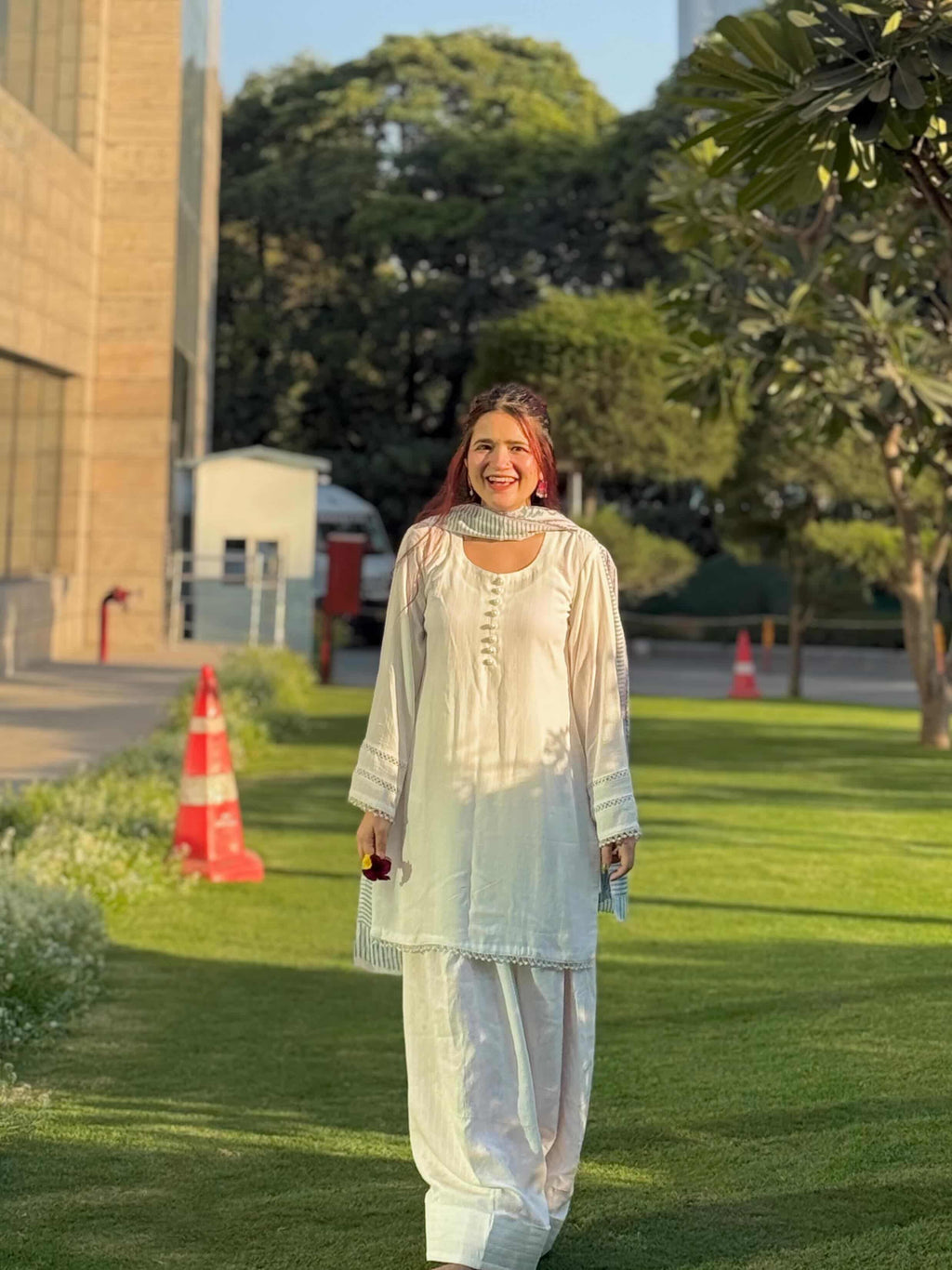 Off-White Lace Work Farshi Suit with Cotton Dupatta