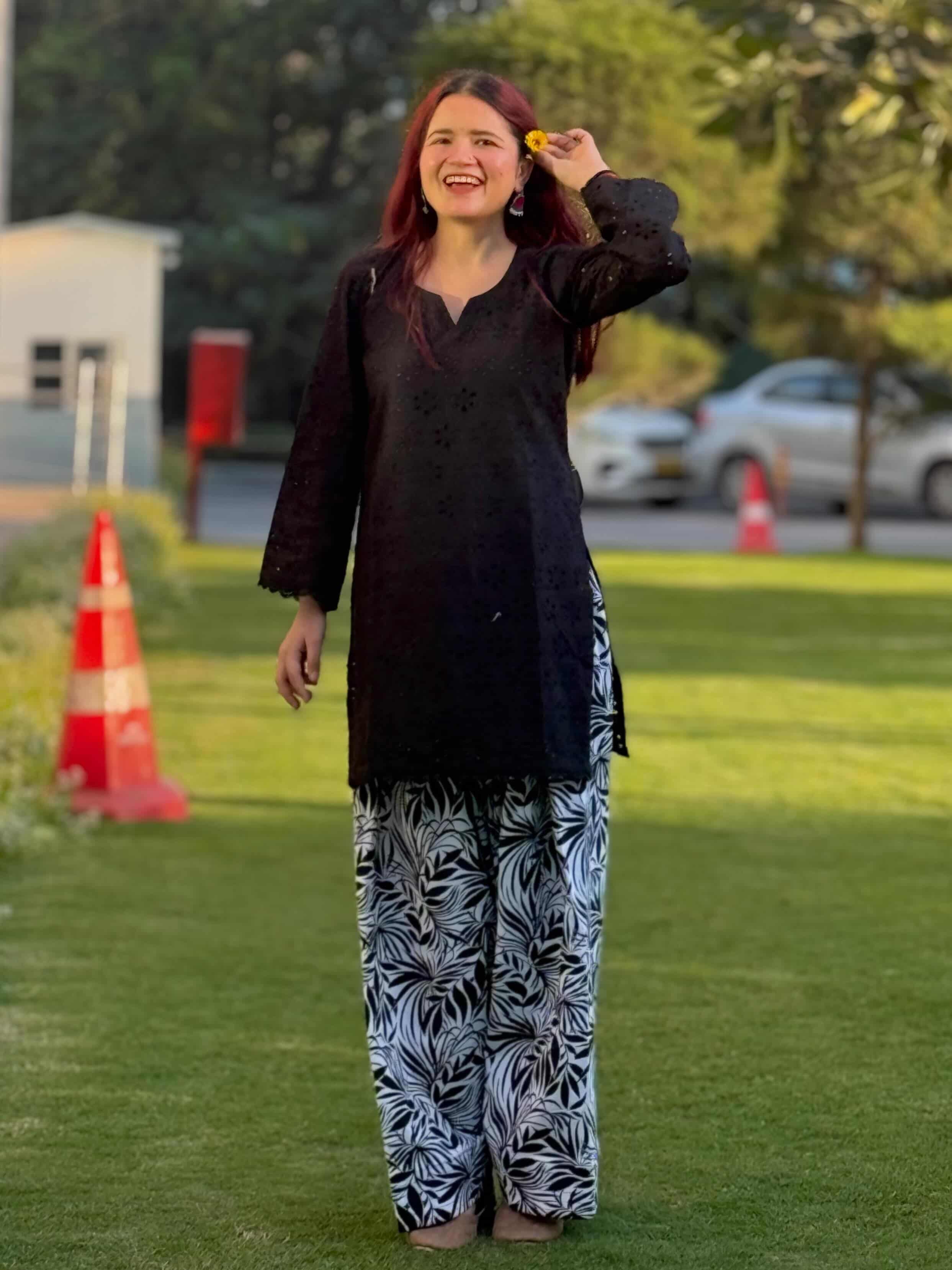 🖤 Farshi Suit – Black Hakoba Cotton Kurta with Printed Poplin Cotton Bottom