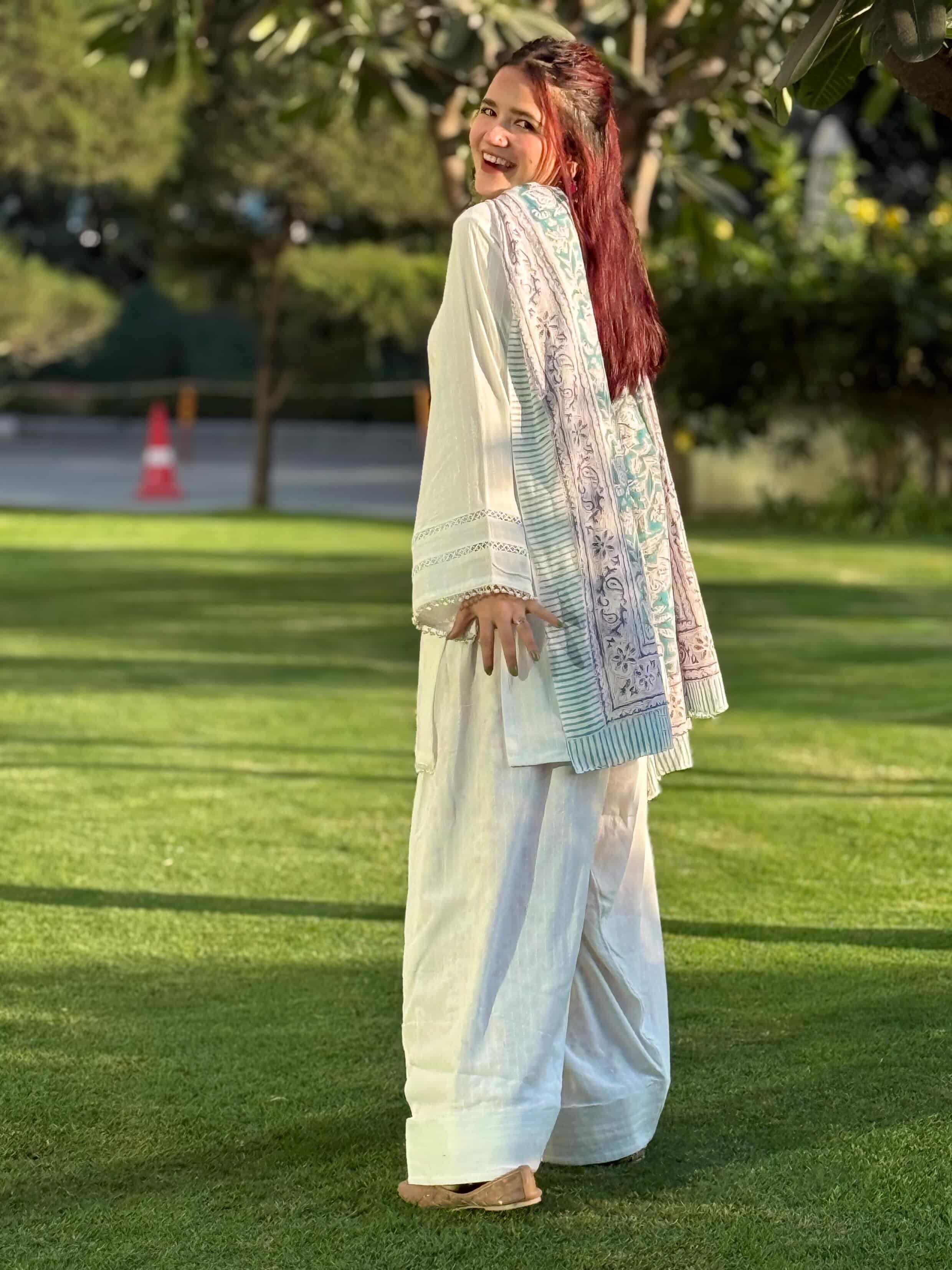 Off-White Lace Work Farshi Suit with Cotton Dupatta