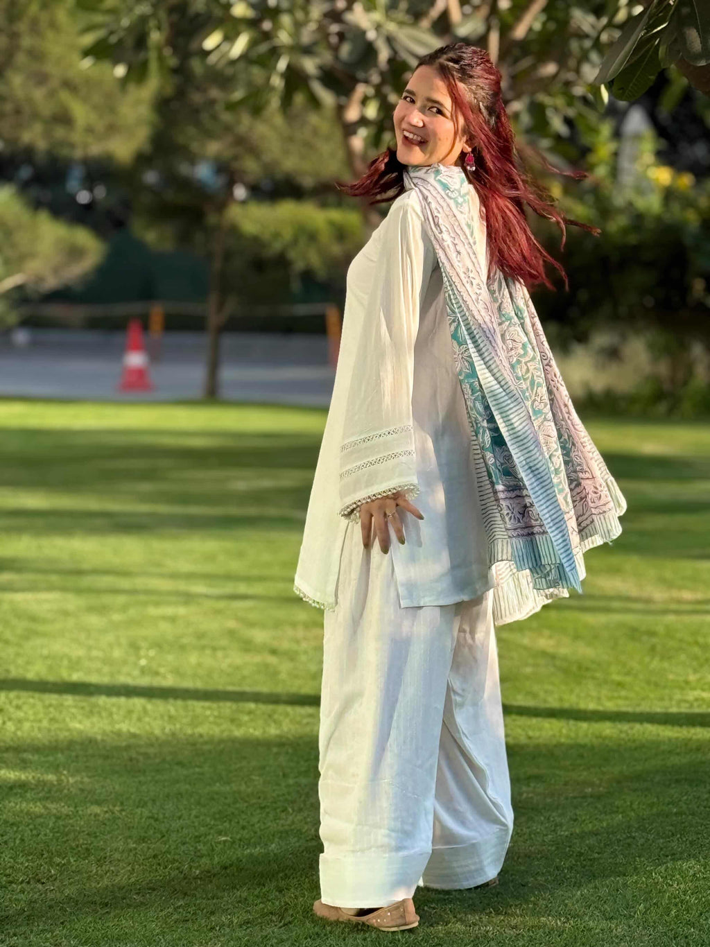 Off-White Lace Work Farshi Suit with Cotton Dupatta