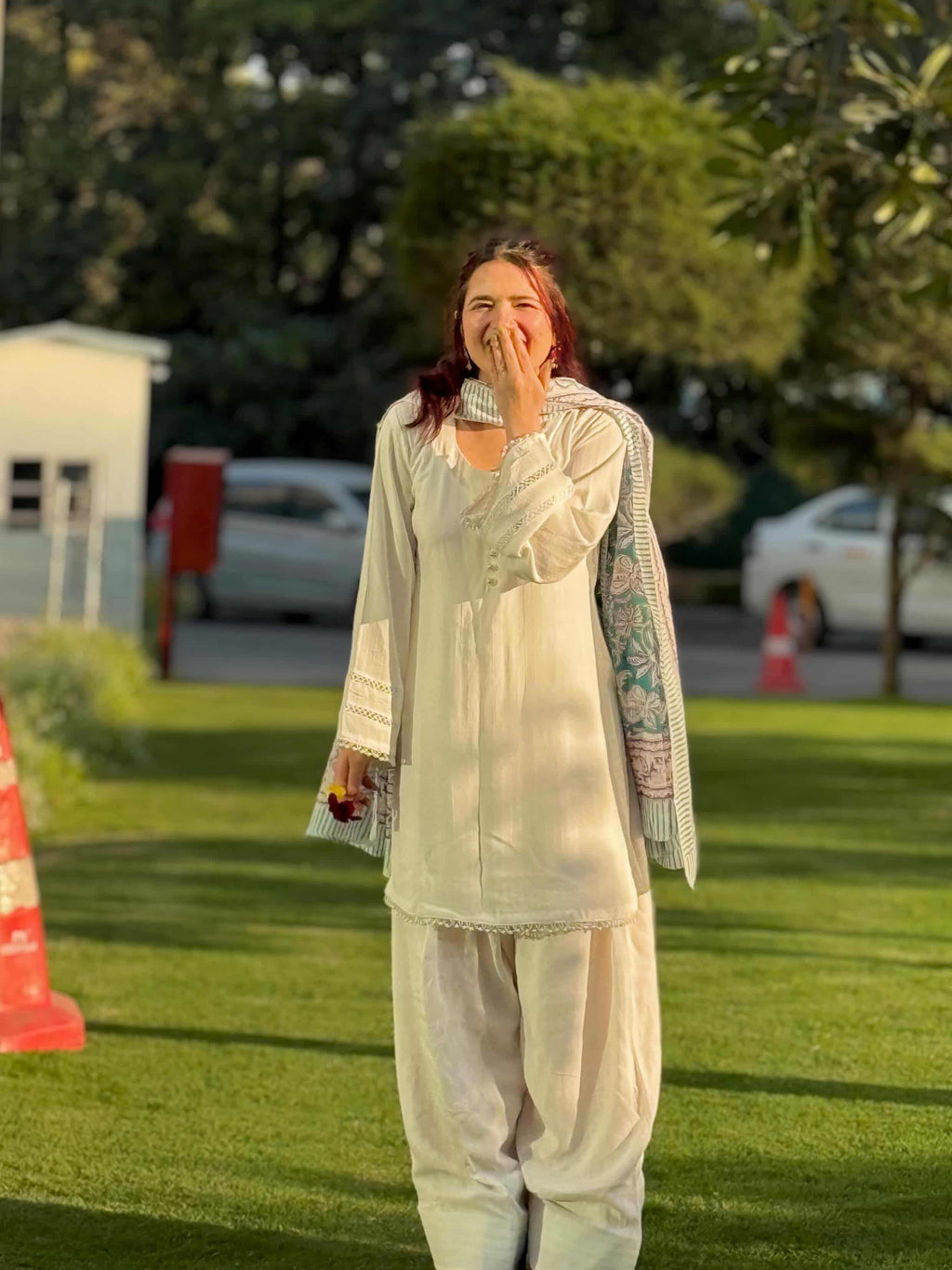 Off-White Lace Work Farshi Suit with Cotton Dupatta