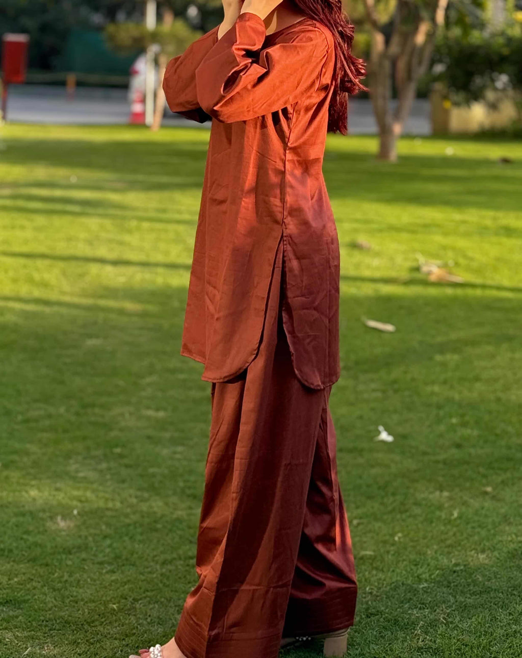 Farshi Suit – Cotton Satin – Brown Mocha | Elegant Festive & Casual Wear Set