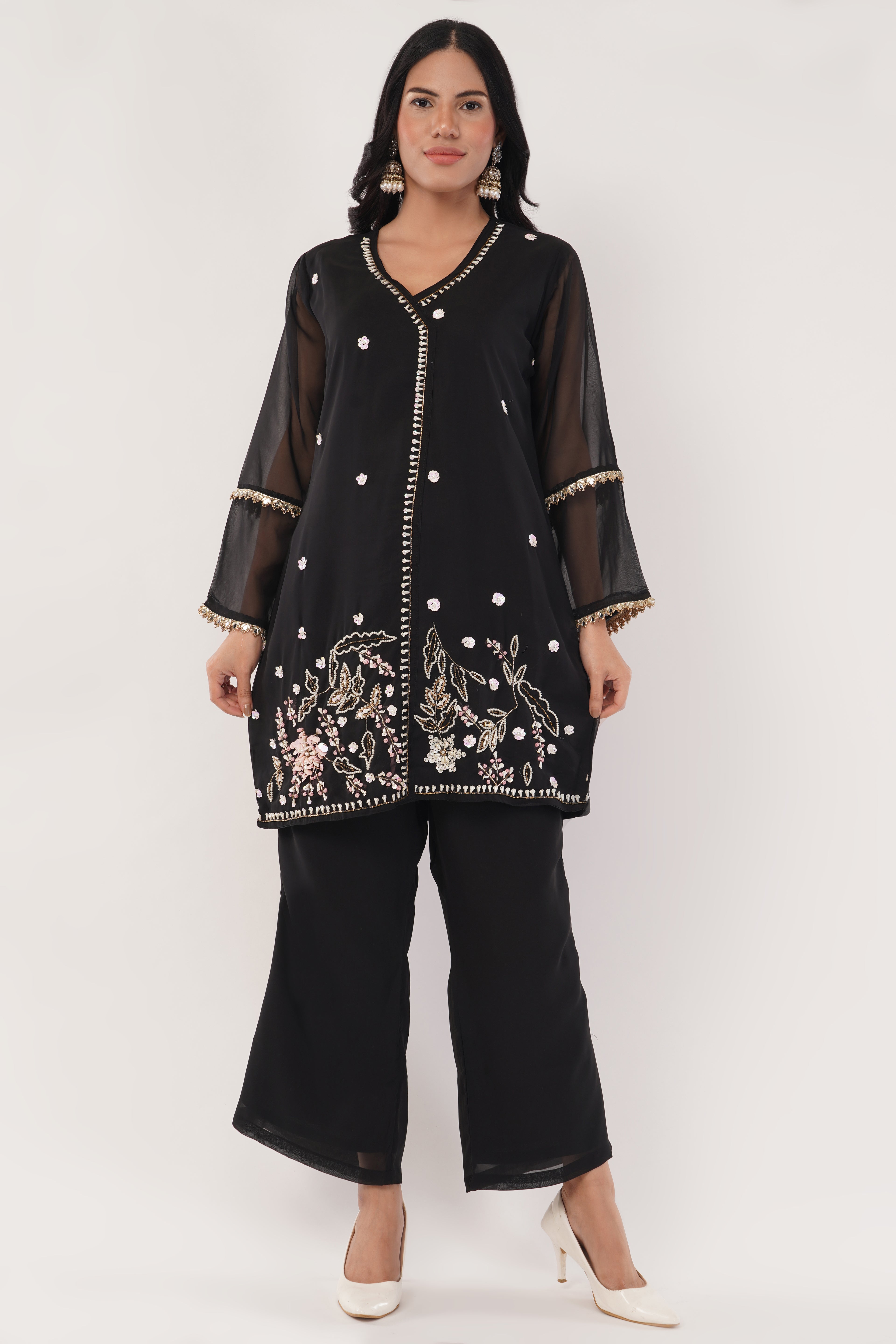 Black Pure Georgette Hand-Embroidered Cord Set | Festive & Party Wear Ethnic Suit Set