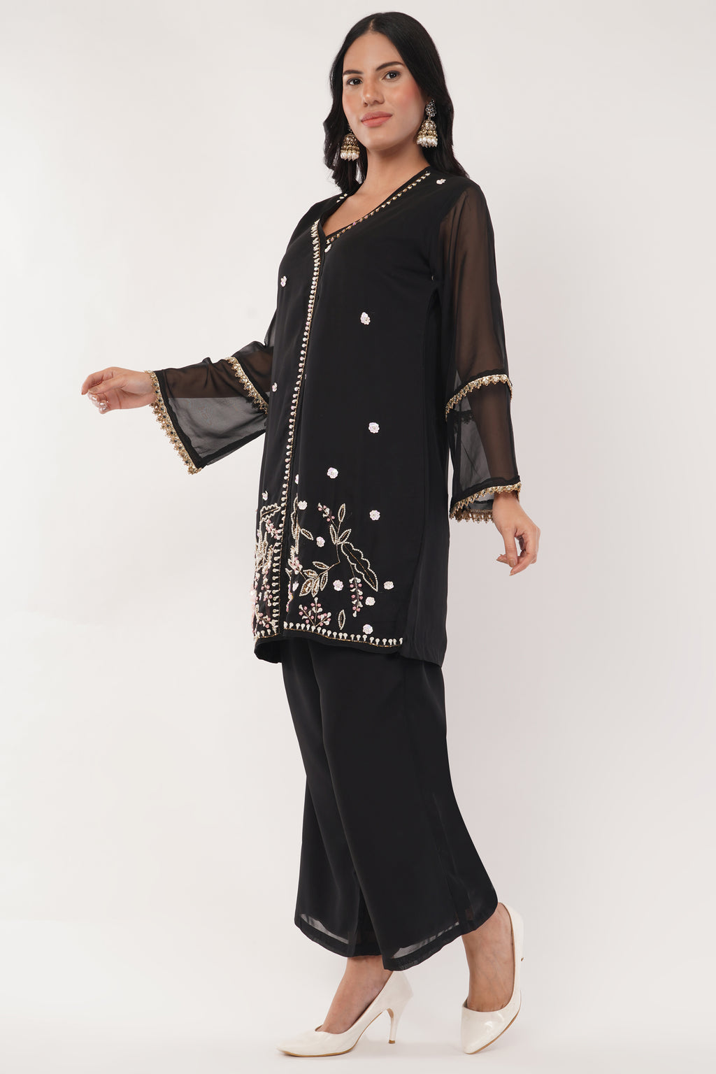 Black Pure Georgette Hand-Embroidered Cord Set | Festive & Party Wear Ethnic Suit Set