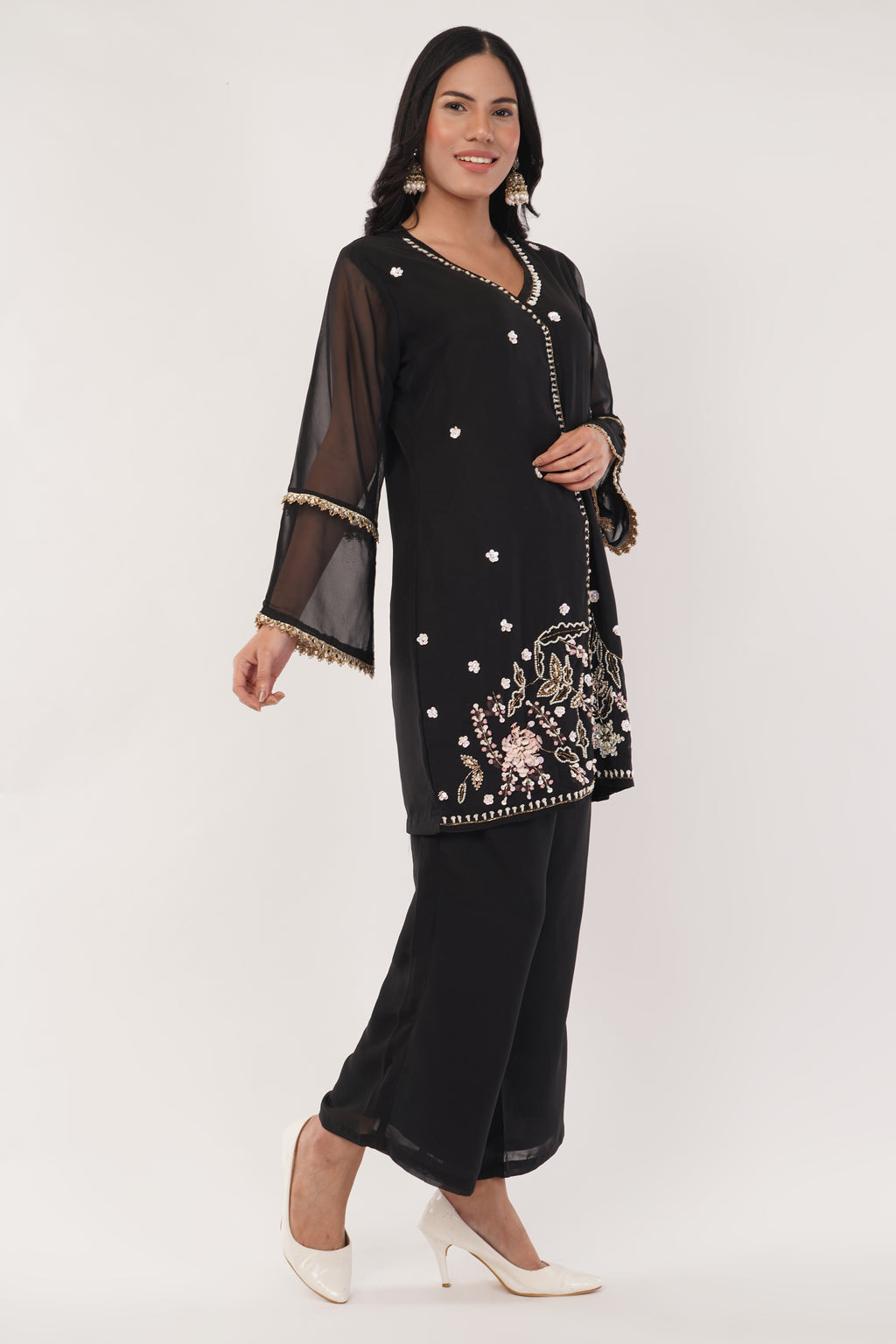 Black Pure Georgette Hand-Embroidered Cord Set | Festive & Party Wear Ethnic Suit Set