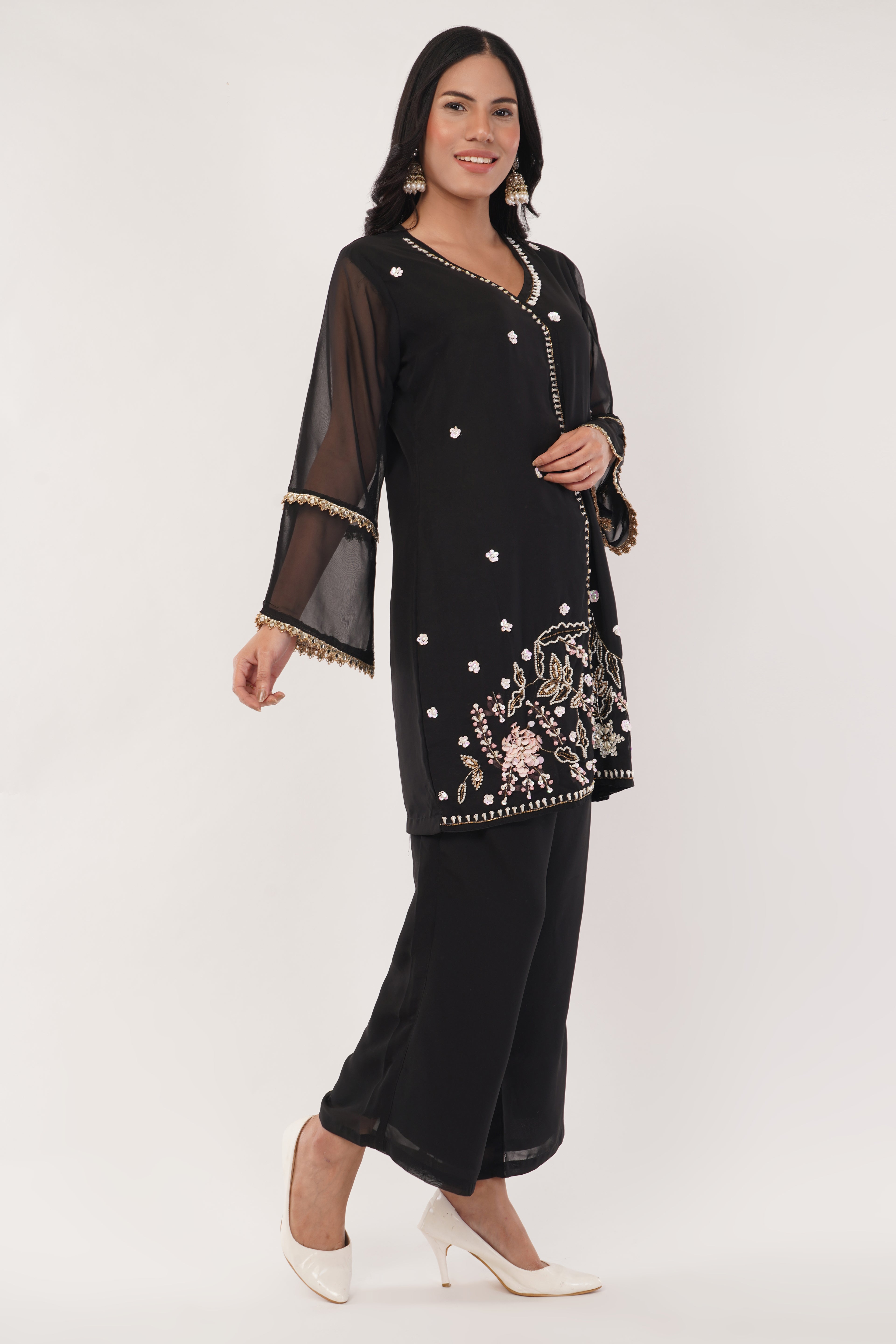 Black Pure Georgette Hand-Embroidered Cord Set | Festive & Party Wear Ethnic Suit Set