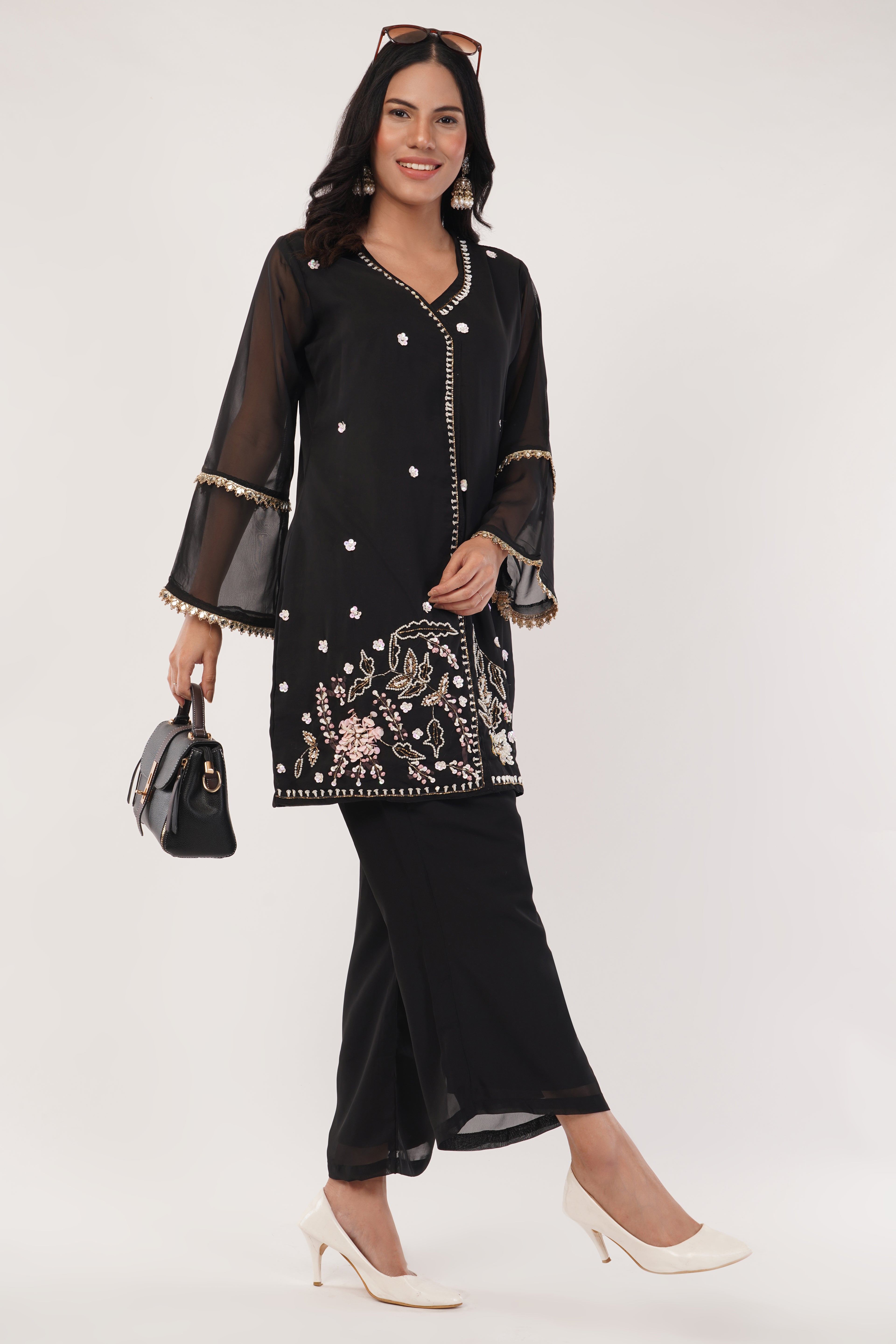 Black Pure Georgette Hand-Embroidered Cord Set | Festive & Party Wear Ethnic Suit Set