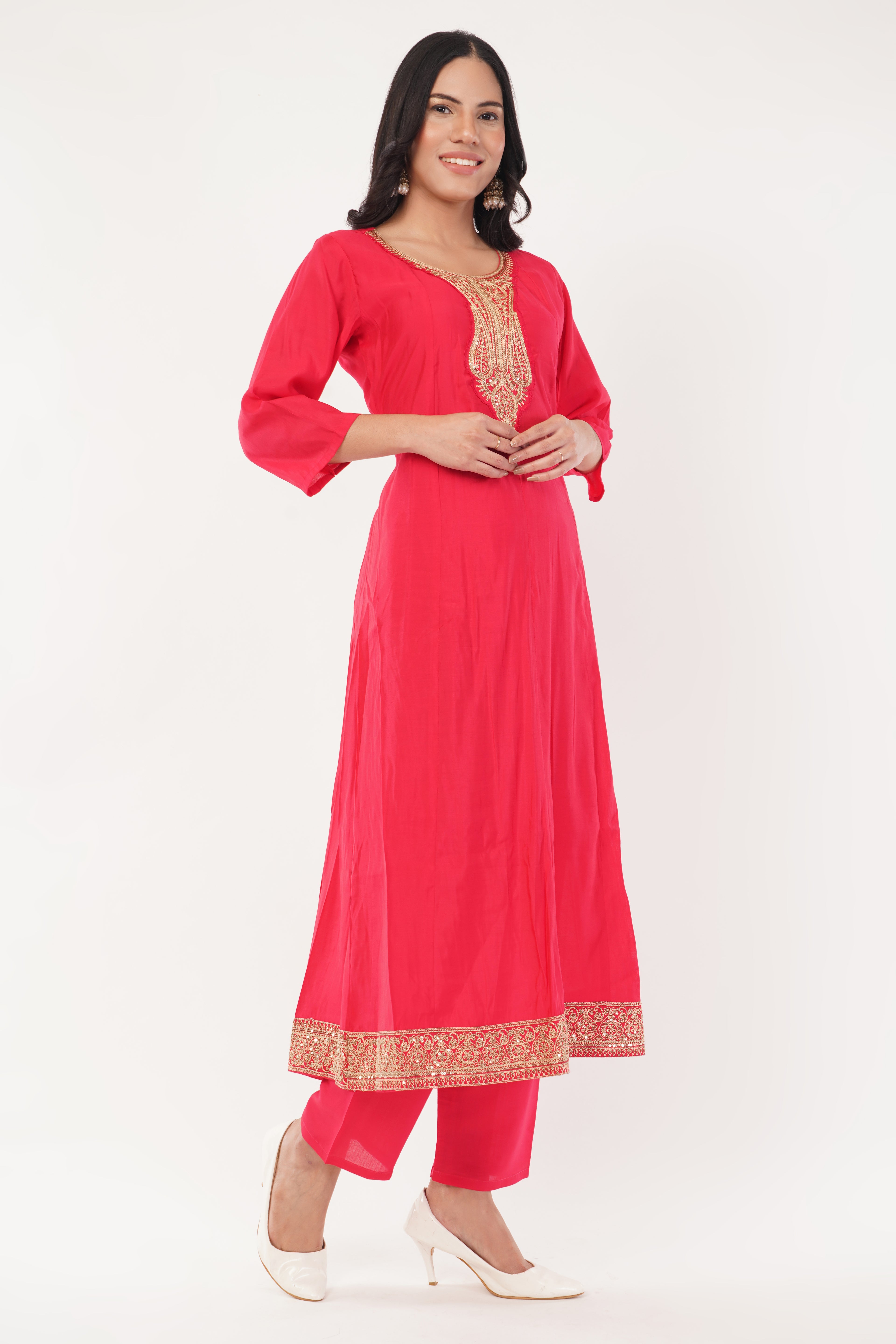 Red Rayon Blend A-Line Suit