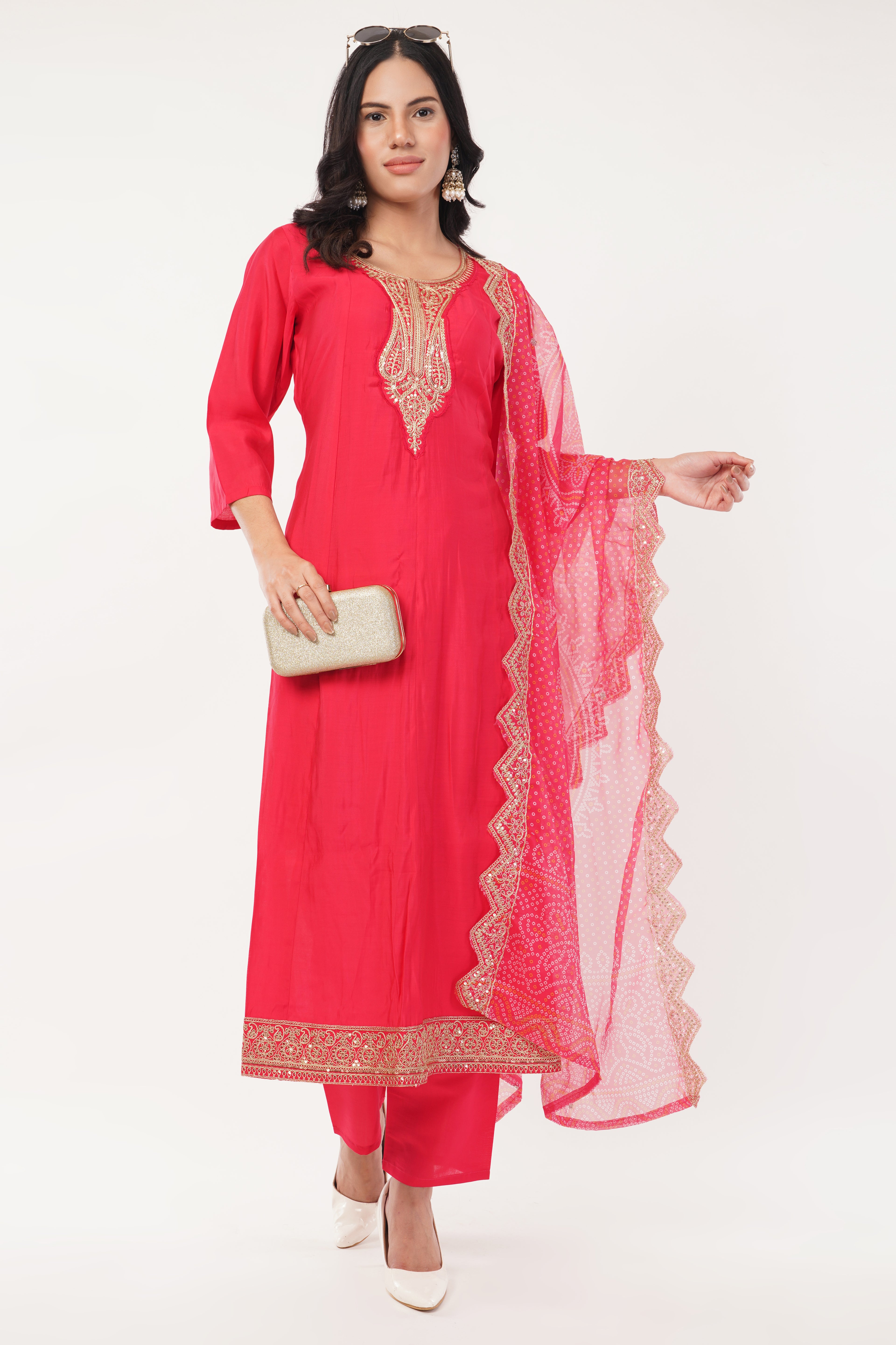 Red Rayon Blend A-Line Suit