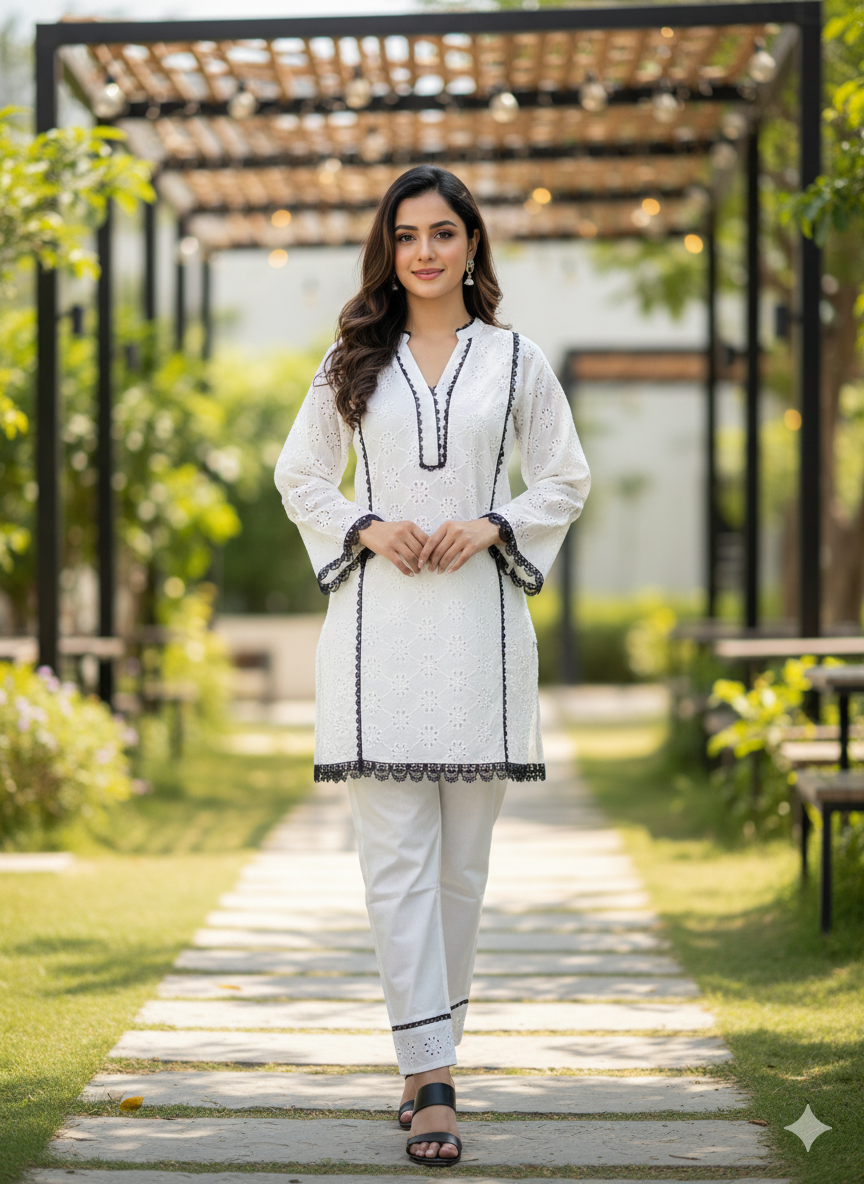 Pakistani Style White Cambric Cotton Cord Set