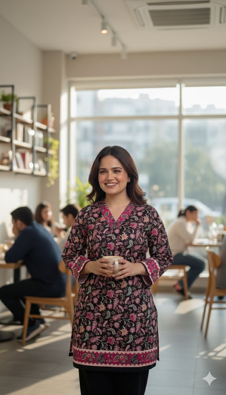 Luxury Pashmina Blend Winter Kurti | Black & Pink Floral Print | Warm & Elegant