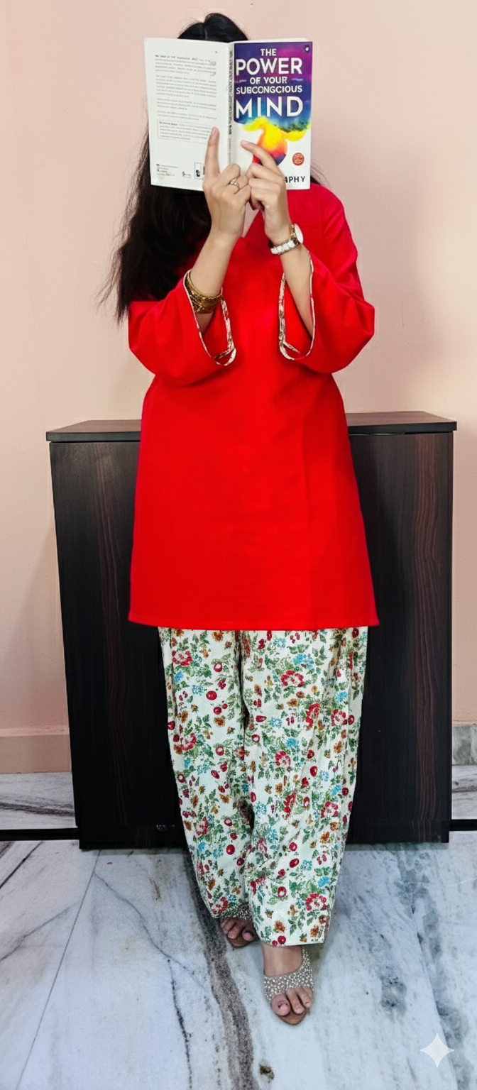 Pakistani Red Chikankari Kurta with Floral Farshi Shalwar