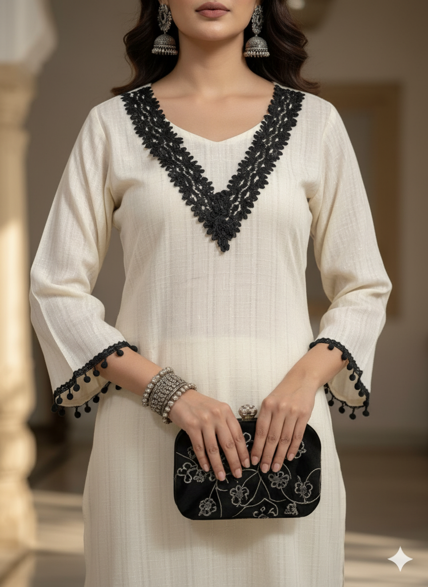 Pakistani Styled Cord Set | Off-White Cotton Kurta Pant Set with Black Lace Work