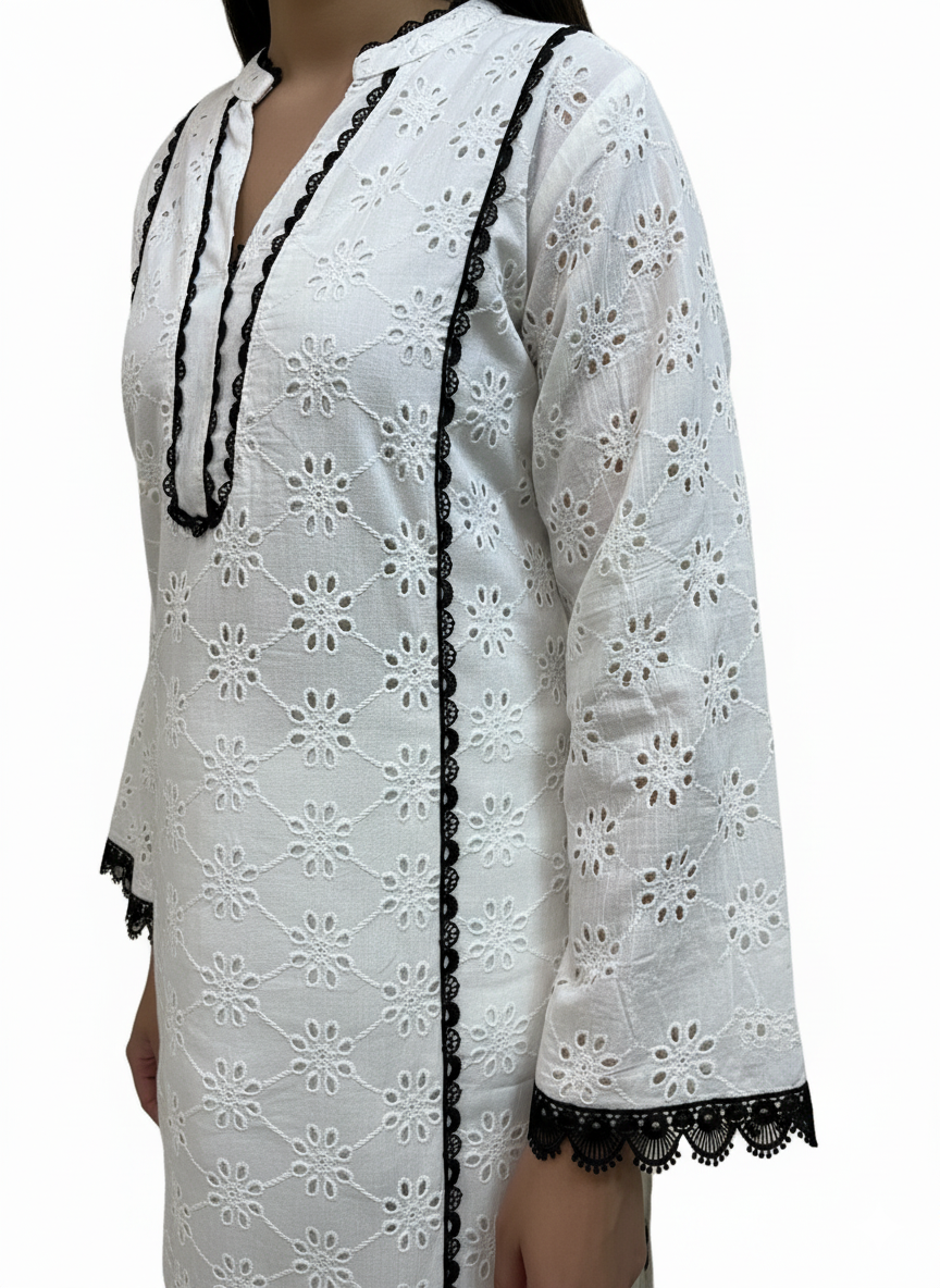 Pakistani Style White Cambric Cotton Cord Set