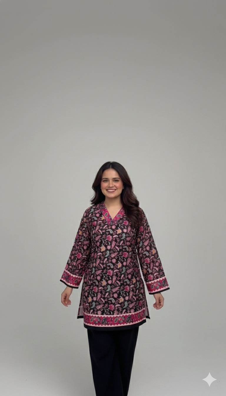 Luxury Pashmina Blend Winter Kurti | Black & Pink Floral Print | Warm & Elegant