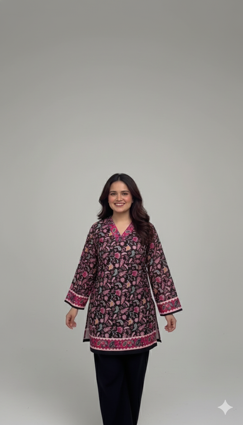 Luxury Pashmina Blend Winter Kurti | Black & Pink Floral Print | Warm & Elegant