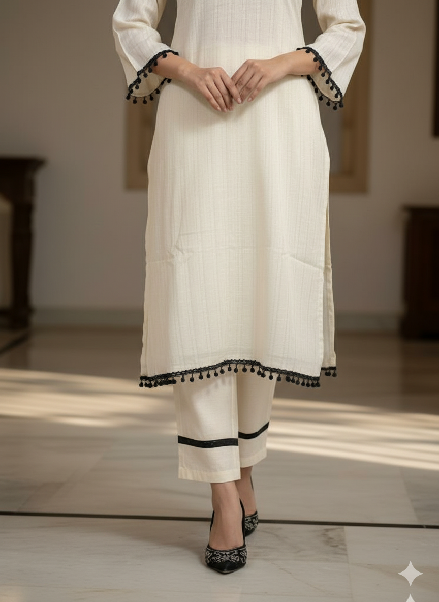 Pakistani Styled Cord Set | Off-White Cotton Kurta Pant Set with Black Lace Work
