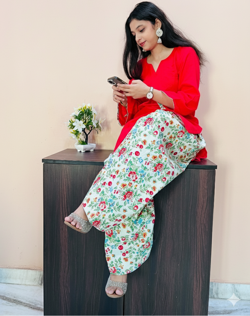 Pakistani Red Chikankari Kurta with Floral Farshi Shalwar