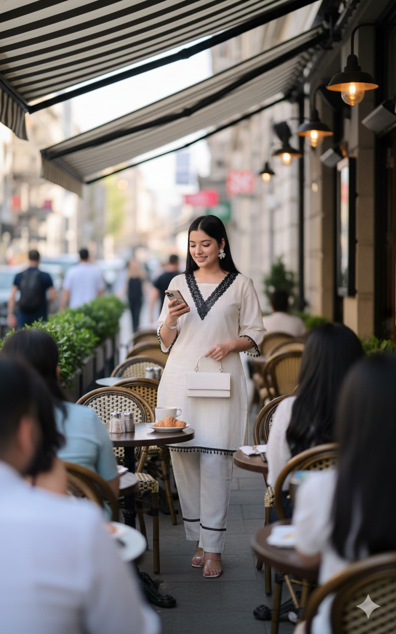 Pakistani Styled Cord Set | Off-White Cotton Kurta Pant Set with Black Lace Work
