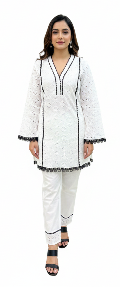 Pakistani Style White Cambric Cotton Cord Set