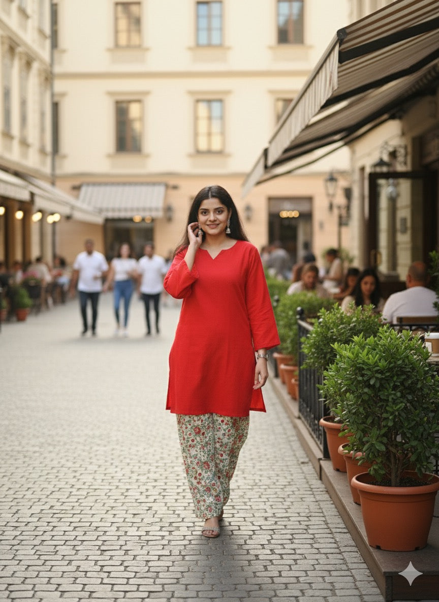 Pakistani Red Chikankari Kurta with Floral Farshi Shalwar