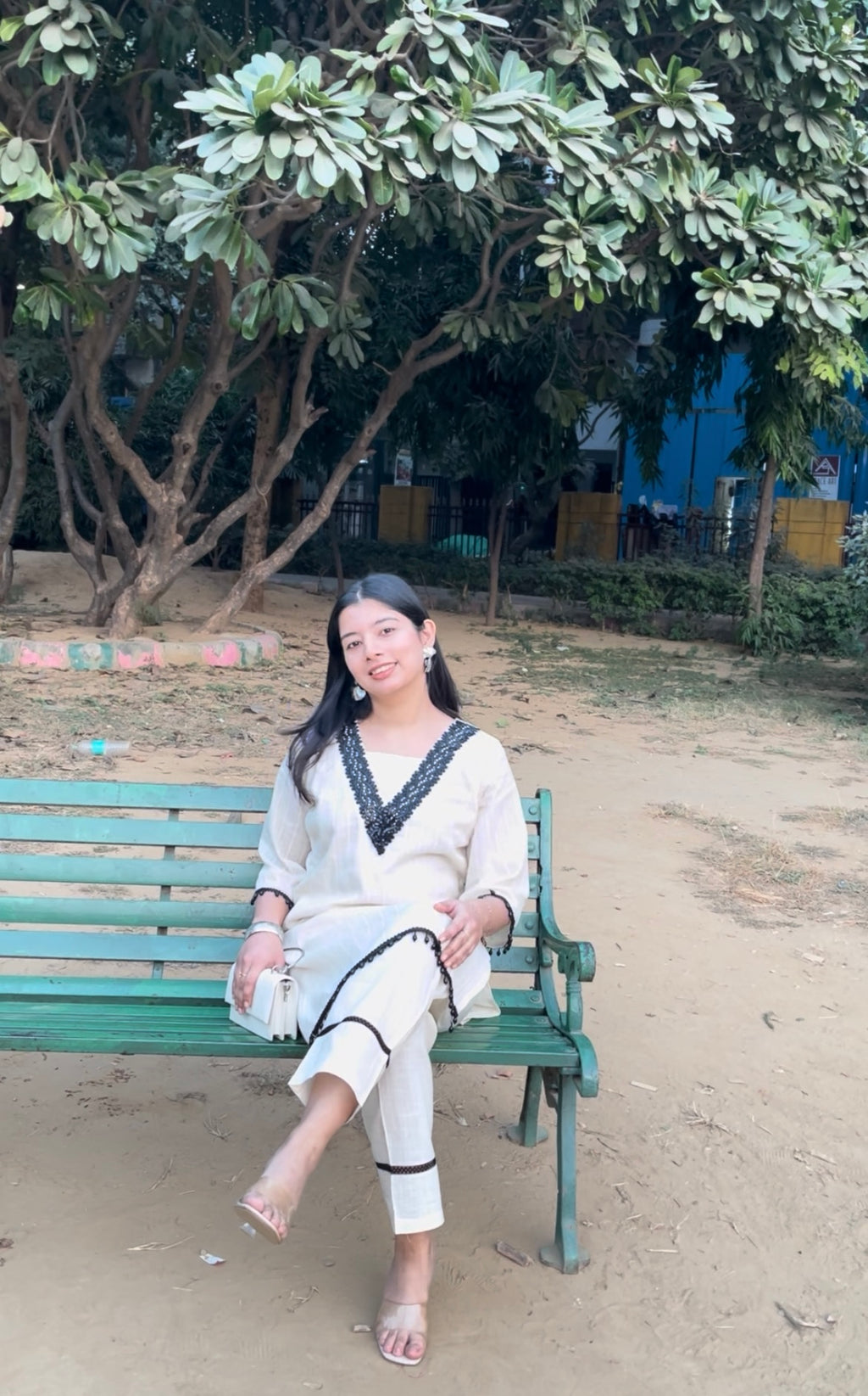 Pakistani Styled Cord Set | Off-White Cotton Kurta Pant Set with Black Lace Work