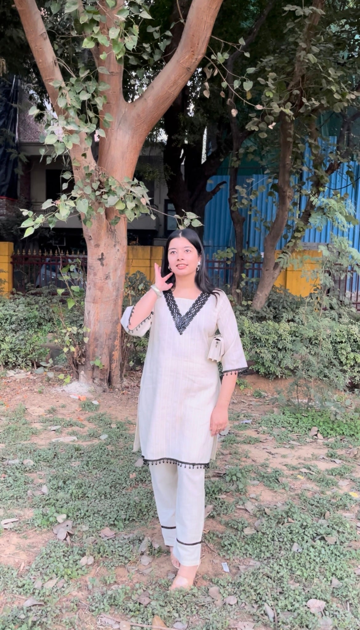 Pakistani Styled Cord Set | Off-White Cotton Kurta Pant Set with Black Lace Work