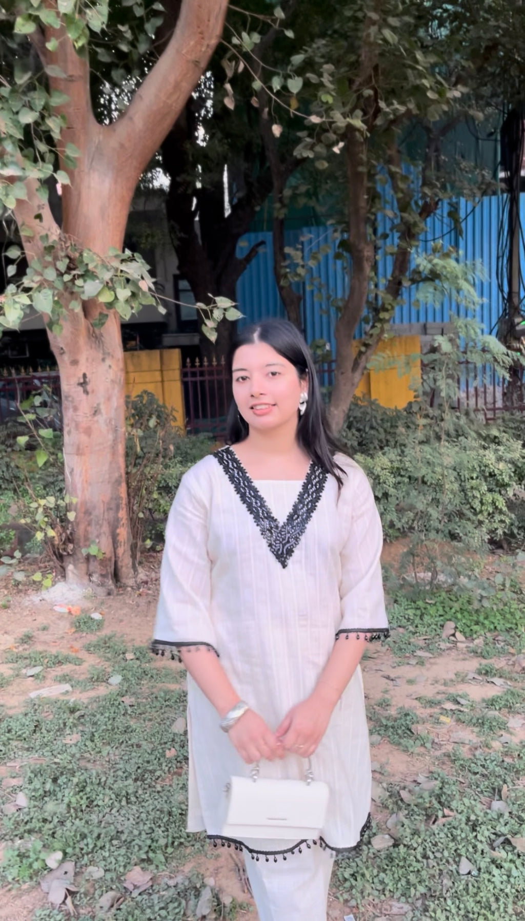 Pakistani Styled Cord Set | Off-White Cotton Kurta Pant Set with Black Lace Work