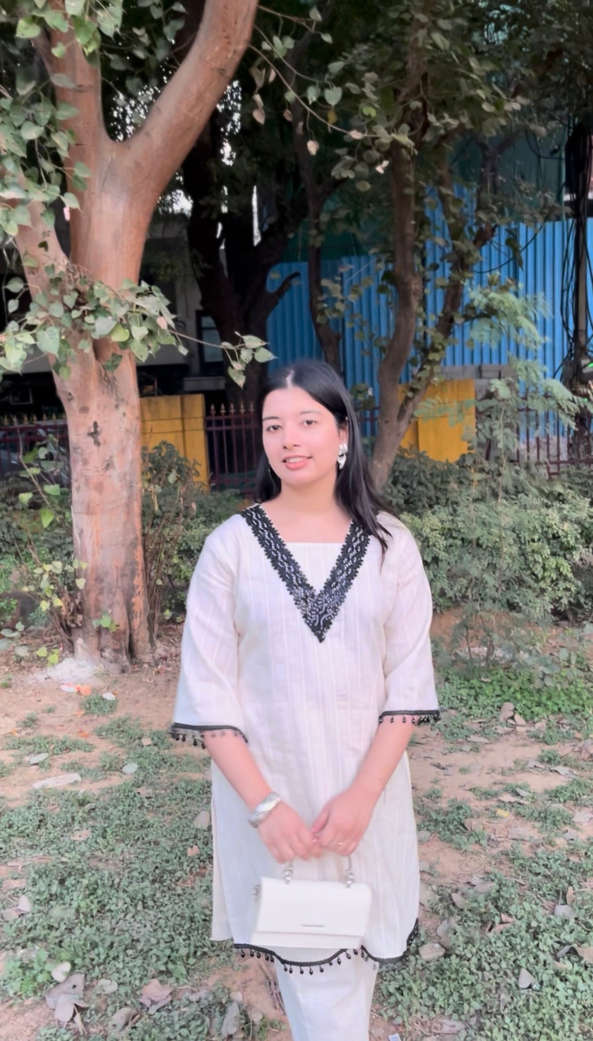 Pakistani Styled Cord Set | Off-White Cotton Kurta Pant Set with Black Lace Work