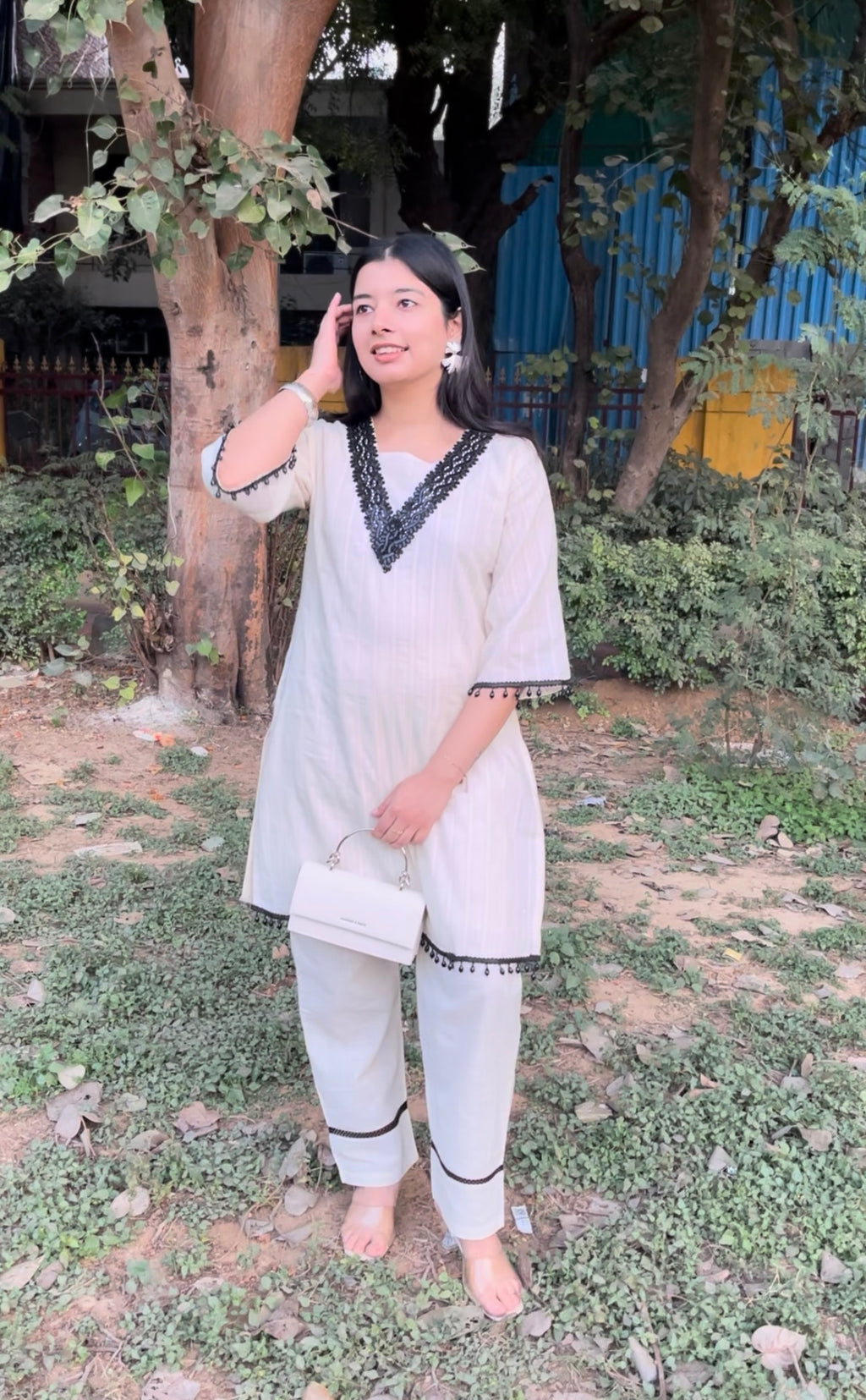 Pakistani Styled Cord Set | Off-White Cotton Kurta Pant Set with Black Lace Work