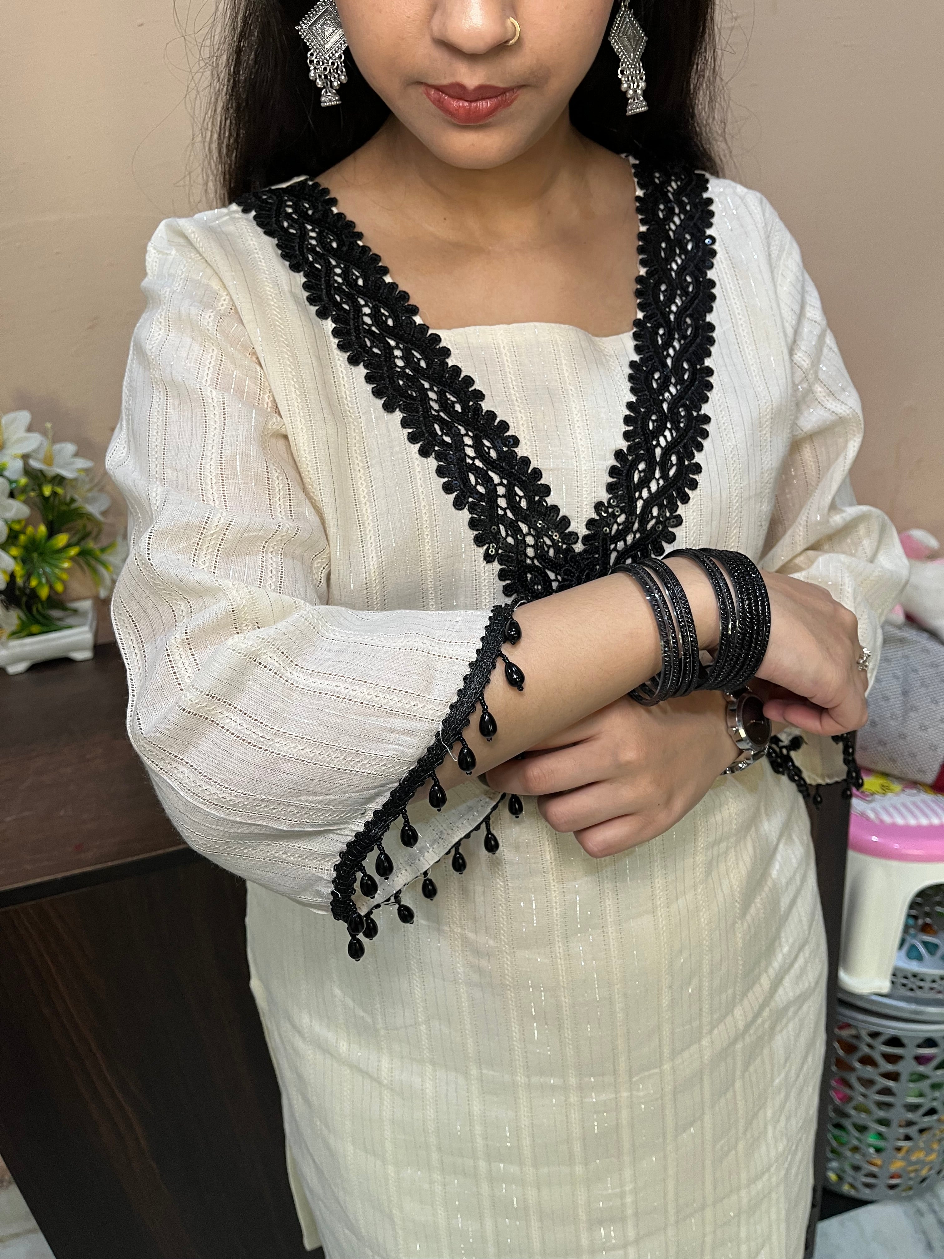 Pakistani Styled Cord Set | Off-White Cotton Kurta Pant Set with Black Lace Work