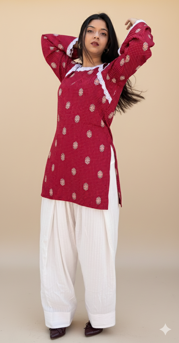 Vibrant Red Printed Tunic Kurti with Lace Trim & Farshi Shalwar Ensemble