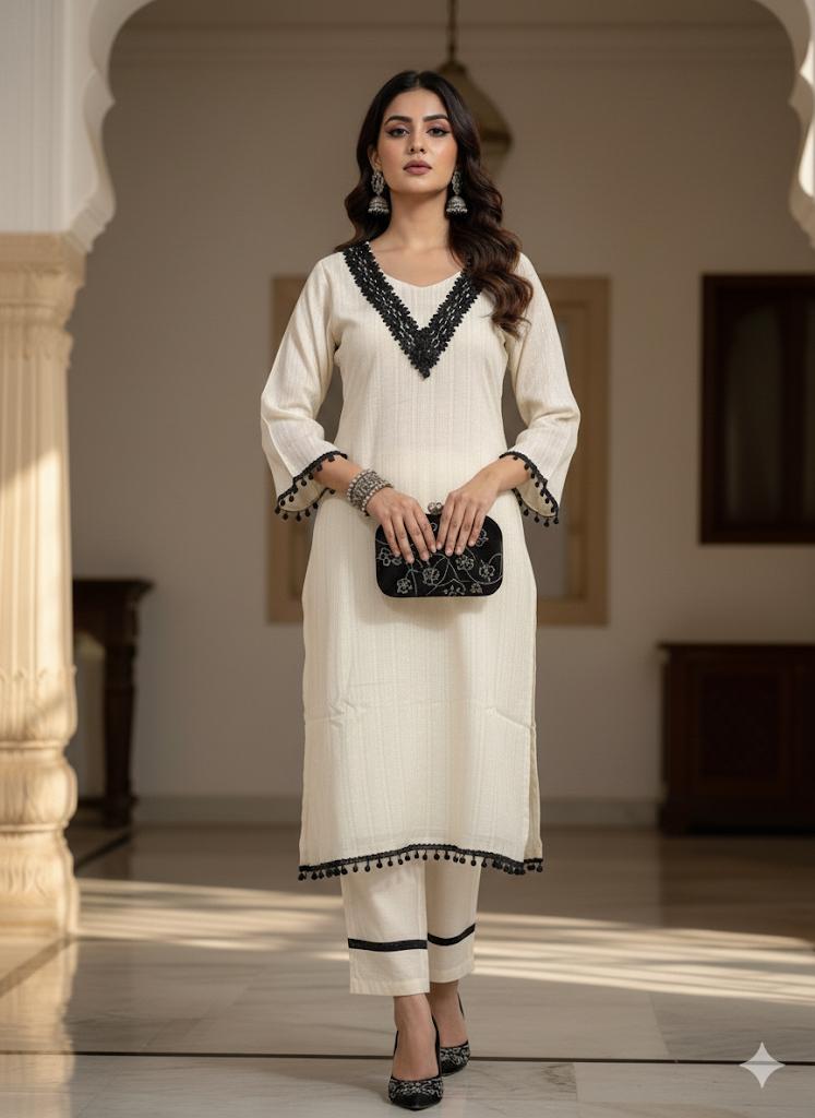 Pakistani Styled Cord Set | Off-White Cotton Kurta Pant Set with Black Lace Work