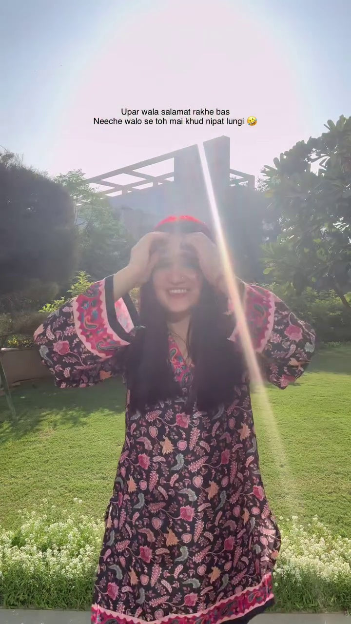 Luxury Pashmina Blend Winter Kurti | Black & Pink Floral Print | Warm & Elegant