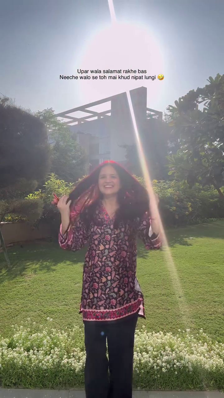 Luxury Pashmina Blend Winter Kurti | Black & Pink Floral Print | Warm & Elegant