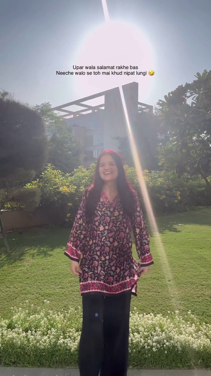 Luxury Pashmina Blend Winter Kurti | Black & Pink Floral Print | Warm & Elegant