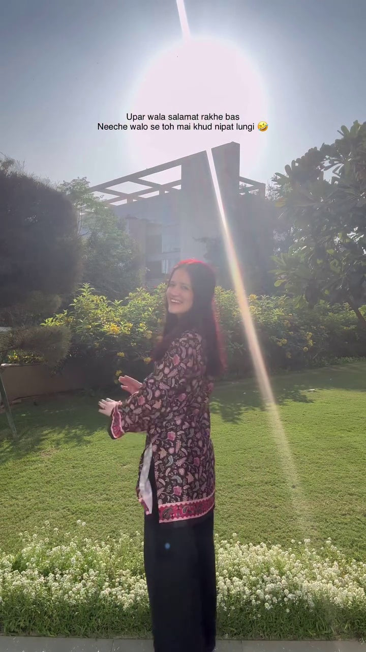 Luxury Pashmina Blend Winter Kurti | Black & Pink Floral Print | Warm & Elegant