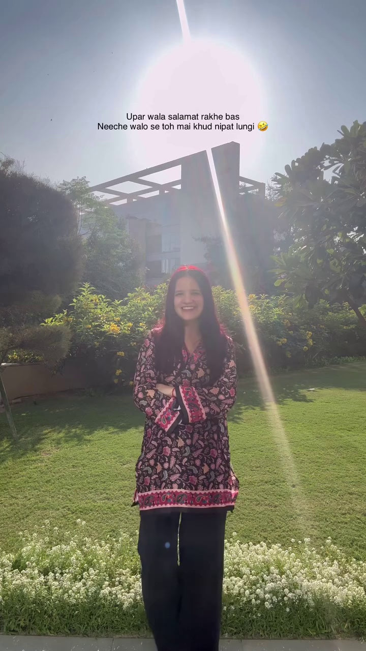 Luxury Pashmina Blend Winter Kurti | Black & Pink Floral Print | Warm & Elegant