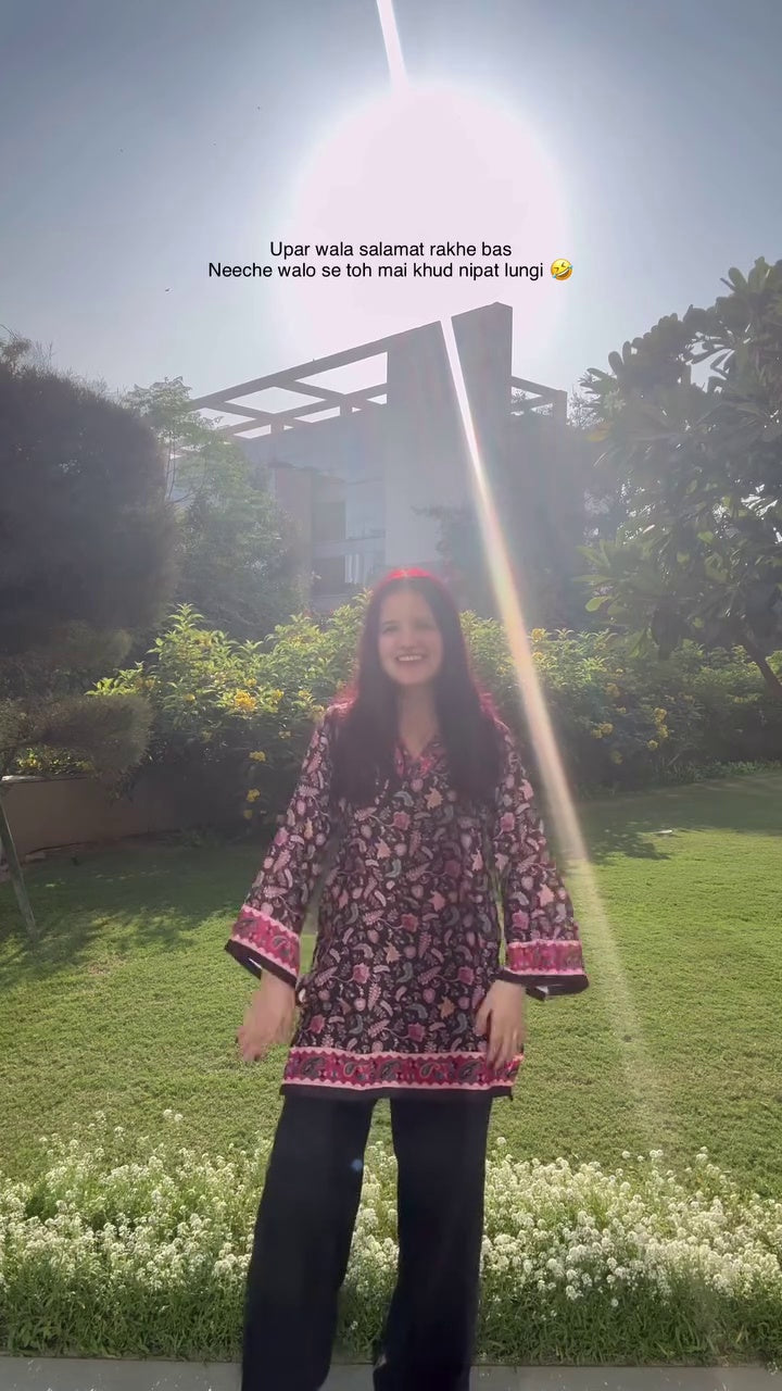 Luxury Pashmina Blend Winter Kurti | Black & Pink Floral Print | Warm & Elegant