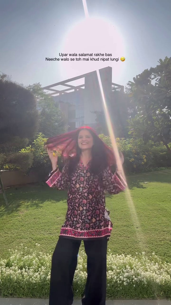 Luxury Pashmina Blend Winter Kurti | Black & Pink Floral Print | Warm & Elegant