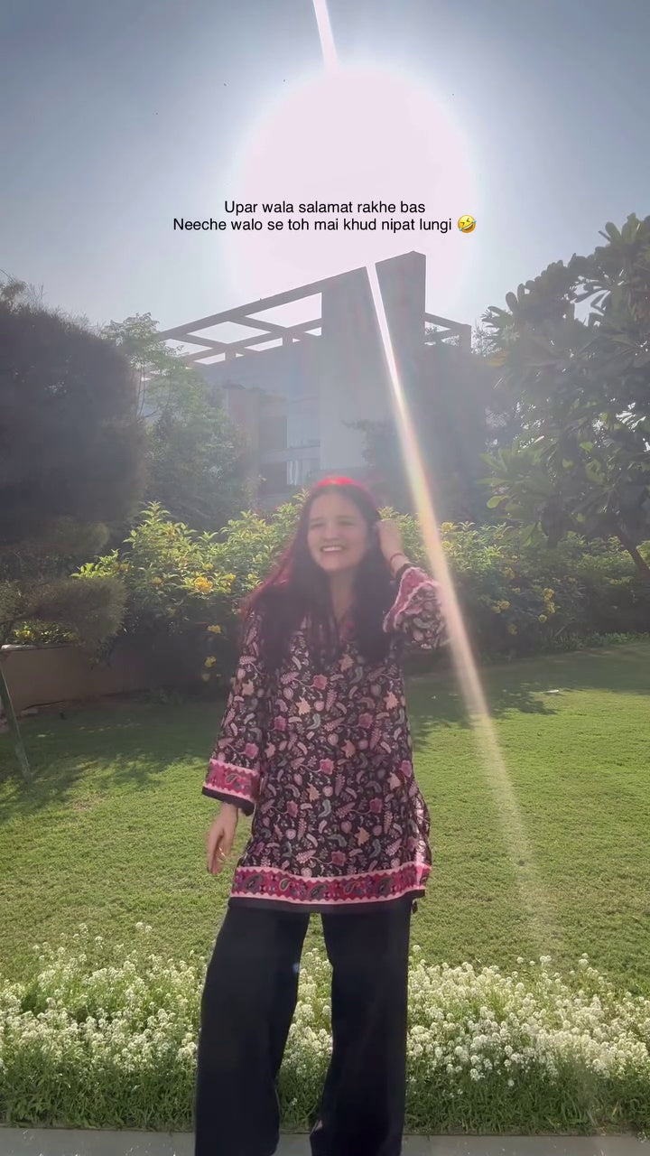 Luxury Pashmina Blend Winter Kurti | Black & Pink Floral Print | Warm & Elegant